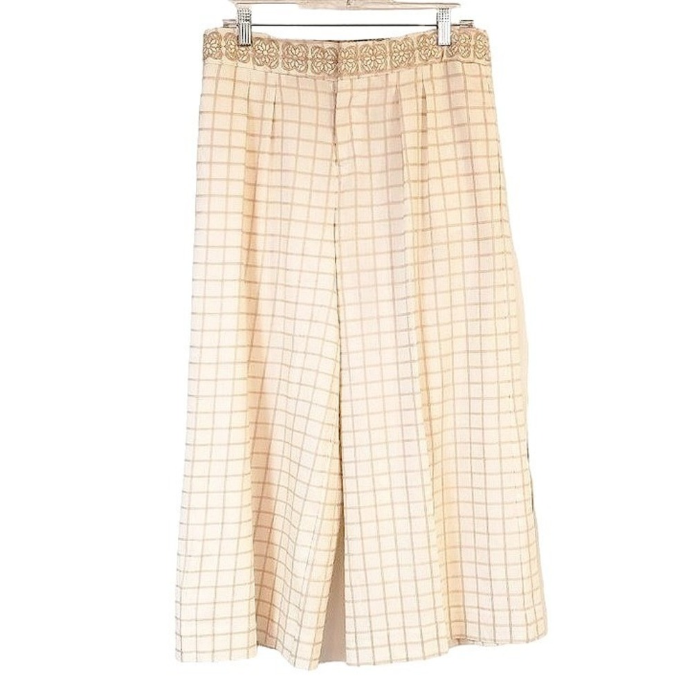 Anthro Elevenses‎ Linen blend palazzo pants 8 Beige checkered embroidered